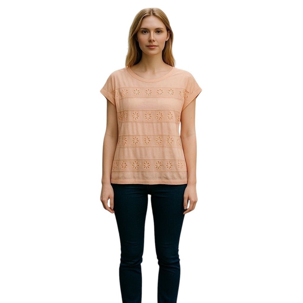POOF Peach Floral Eyelet T-Shirt Casual Summer Top Short Sleeve Size S